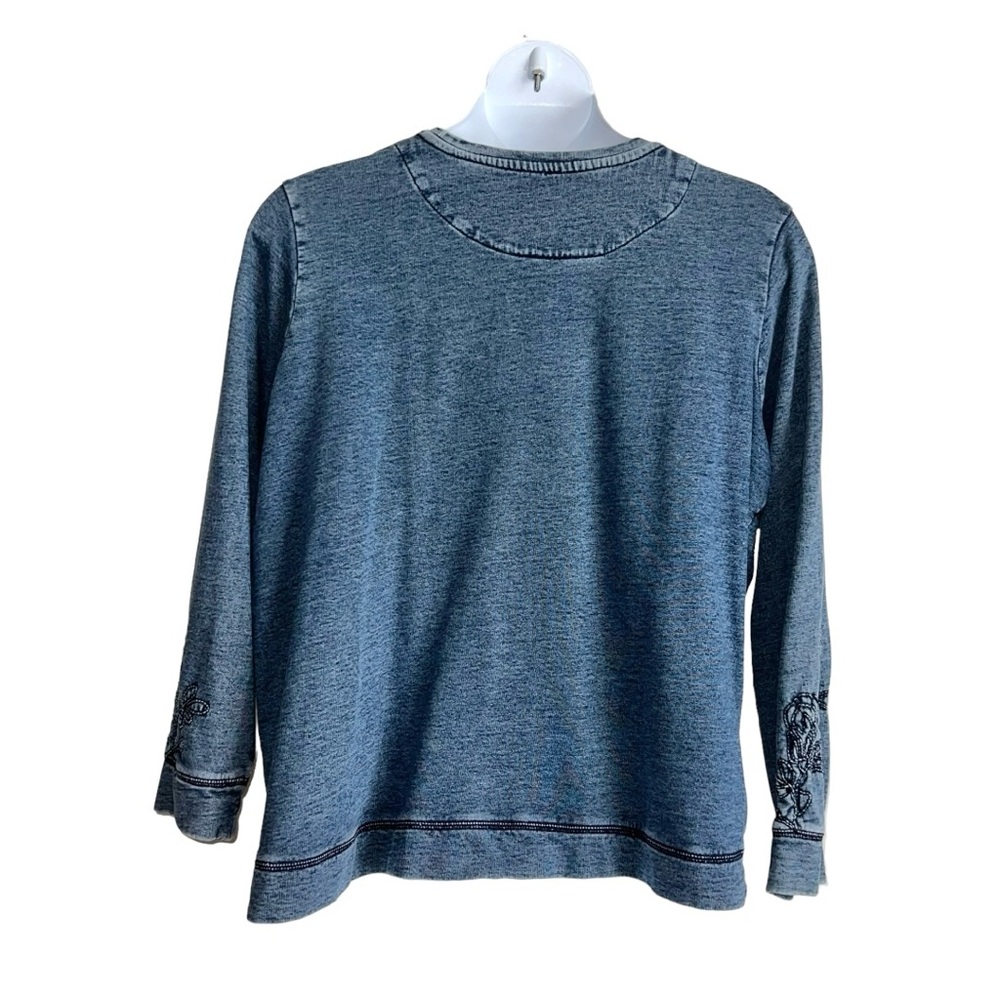 Coldwater Creek Knit Shirt Sz 2x Denim Blue & Black Embroidered Flowers Cotton - Picture 5 of 7